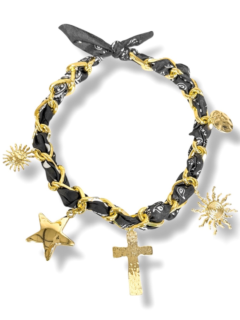 Gold and Black Charm necklace with Cross, Star & Sun Charms
